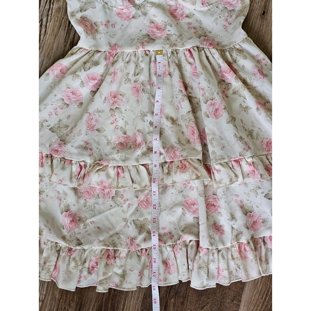 Floral Bustier Mini Dress Pink Rose Cottagecore Tiered Ruffle Sun Dress Cream - Picture 4 of 4